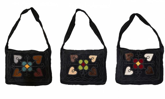 Handmade boho hippie recycled velvet across body shoulder bag embroidered medium