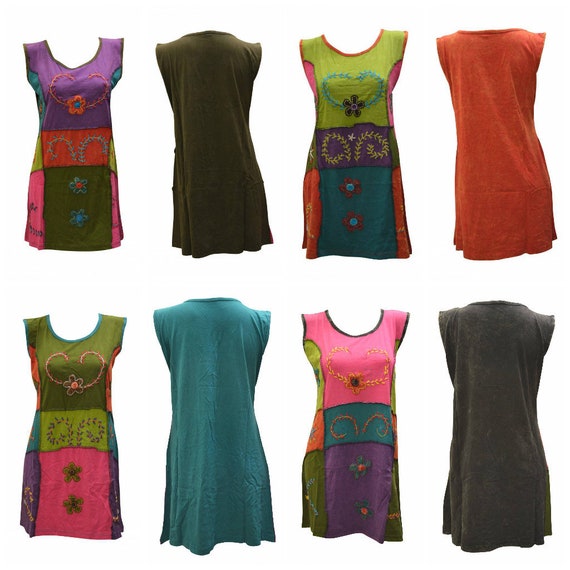 100% Cotton Recycled Tank Dress Boho Upcycled Patchwork Hippie Vest Top Size M, L, XL