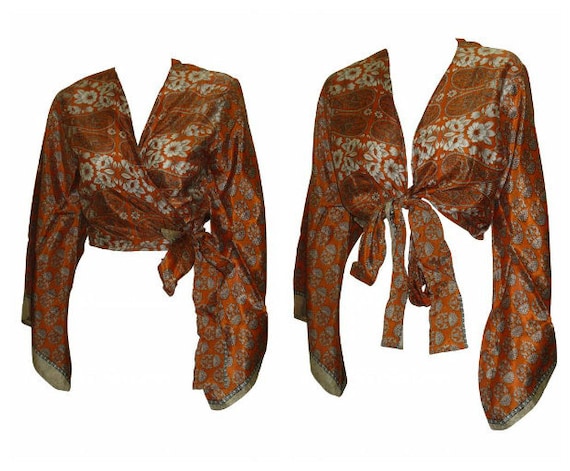 Recycled Retro Crop Top Bell Sleeves Boho Front Knot Wrap Blouse Free Size Up to 16 P28