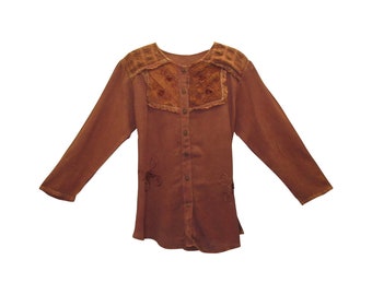 Retro Boho Girls  Blouse Vintage Style Button Up Scoop Neck Embroidered Flowy Top