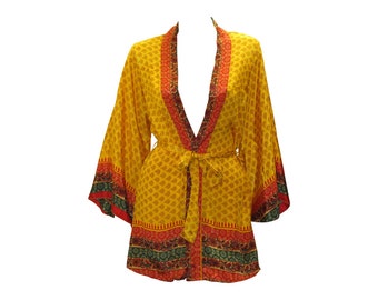Recycled Retro Kimono Robe Boho Abstract print Mini Wrap Beach Cover up Free Size Up To 12 P27