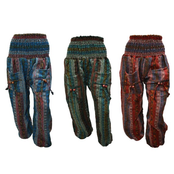 Womens Ladies Boho Hippie Lounge wear Stripe Print Warm Shirred Waist Harem Pants Free Size 12 To 22