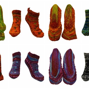 May include: A collection of 20 colourful knitted slipper socks. The socks are made in a variety of patterns and colours, including green, orange, red, purple, and black.