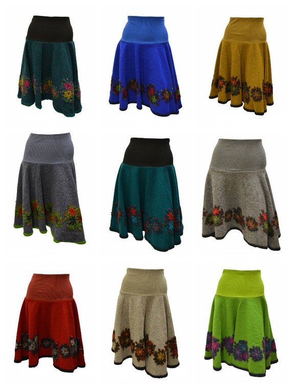 Womens Wool Skater Skirt flare Floral Pattern Chic Midi Free Size up to 14