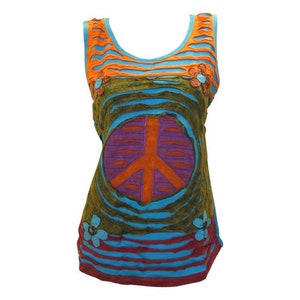 May include: A sleeveless tank top featuring a peace sign design in orange, purple and blue. The top has a striped pattern in orange, blue and green. The top is decorated with small flower embellishments.