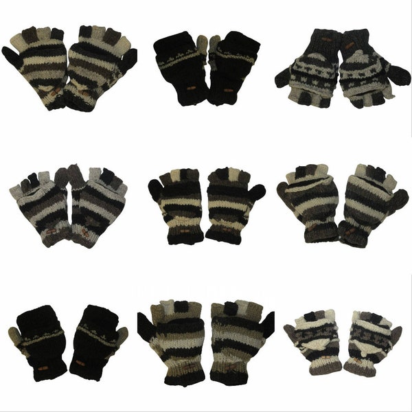 100% Wool Gloves Winter Knit boho Unisex Mittens Fleece Lining Warm Cosy P6- P14