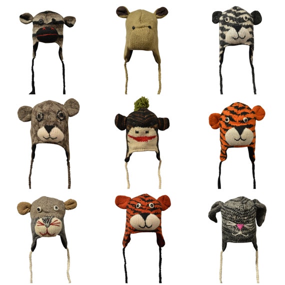Handmade 100% wool Hats Knit Unisex Winter Tassel Animal Character Caps Warm Fleece Lining One size P112- P121