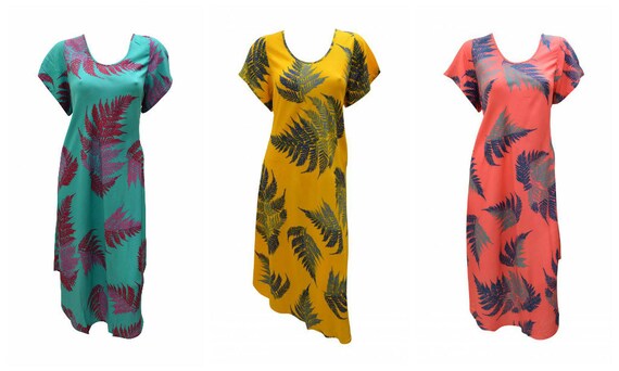 Womens Swing Dress Palm Leaf Print High- Low Umbrella Pocket Short Sleeve Shift Free Size Up to 18