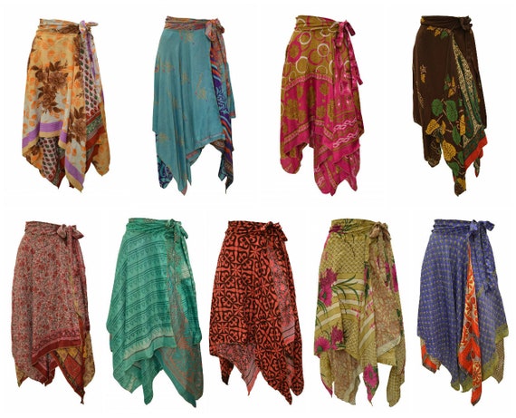 Upcycled Wrap- around Skirt Reversible Vintage Patchwork handkerchief Hem Boho Midi Free Size up to size 18 P307- P315