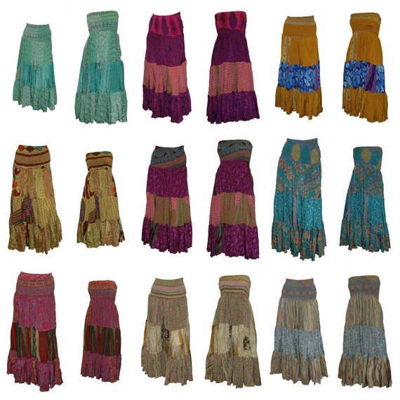 Recycled 2in1 Skirt and Dress Retro Shirred Festival Boho Tiered Flowy Maxi Free Size Up To 20 P10-18