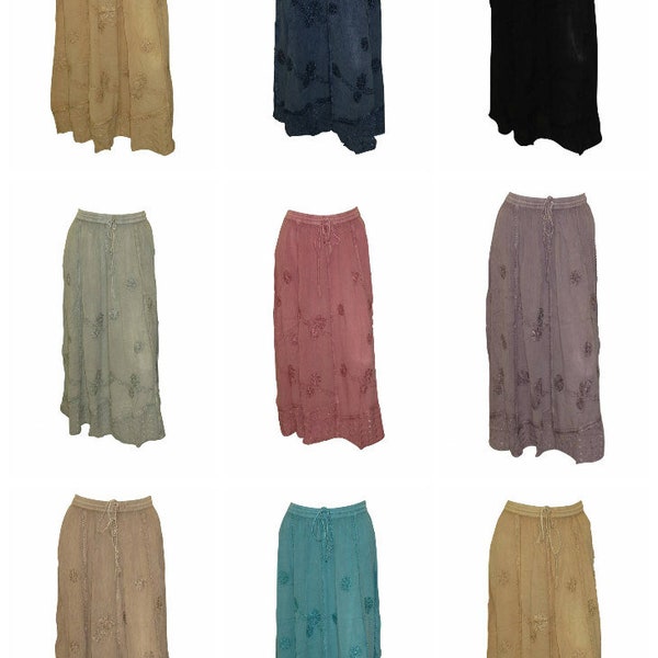 Women's Boho Maxi Skirt Floral Embroidery Drawstring Waist Free Size 8-20