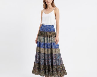 Recycled Sari Silk Maxi Skirt: Abstract Print Boho Style