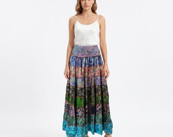 Recycled Sari Silk Maxi Skirt: Abstract Print Boho Style