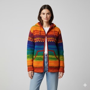 Handmade 100% Wool Chunky Knit Unisex Cardigan Jacket Boho Fleece Lining warm Hoodie Rainbow