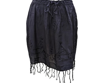 Gonna mini con orlo a nappa ricamata e riciclata in stile boho, taglia unica fino a 18 blu navy