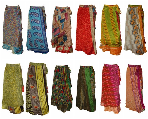 Upcycled Retro Reversible Skirt Vintage Sari A-line Layered Knot Boho Midi Free Size Up To 20 P55- P67