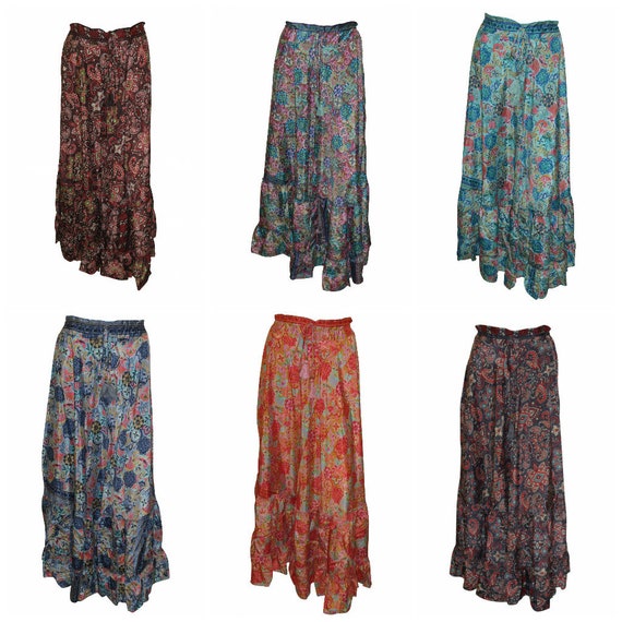 Boho Recycled Floral Tiered skirt Tassel Drawstring Lightweight Hippie Maxi Free Size Up To 20