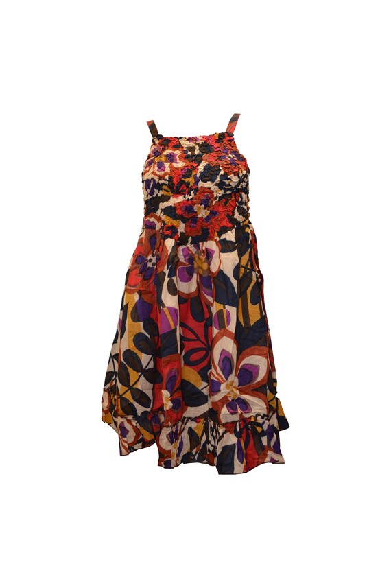 100% Cotton boho hippie vintage style lagenlook elasticated floral short dress p16