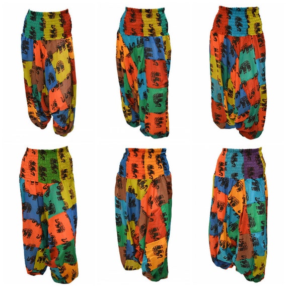 Upcycled Cotton Harem Pants Patchwork Elephant boho loungewear Low crotch 2in1 Romper Free Size 8 To 18 P1-P12