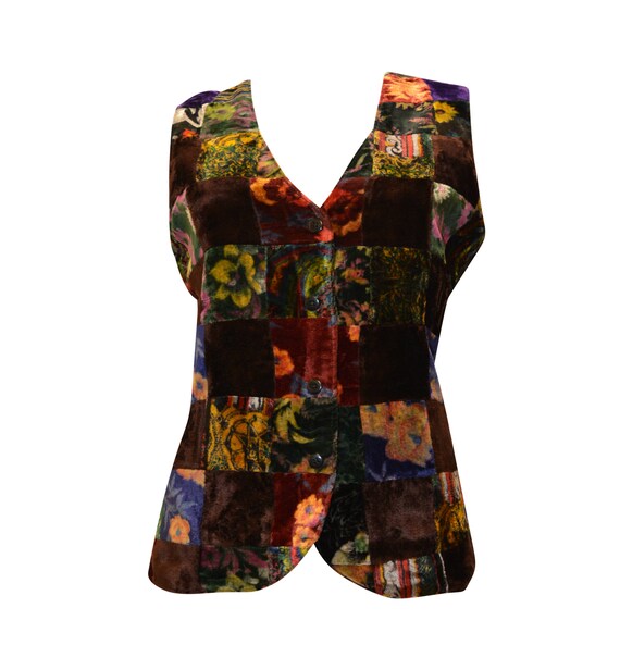 RECYCLED Boho hippie vintage style patchwork velvet effect abstract pattern waistcoat up to size 12
