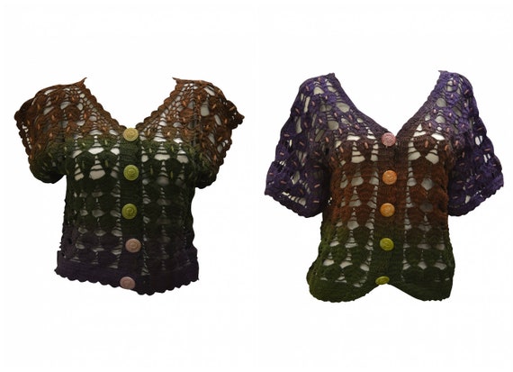 Womens Upcycled Crochet Cardigan Knit Tie-dye Button Detail Sweater Free Size