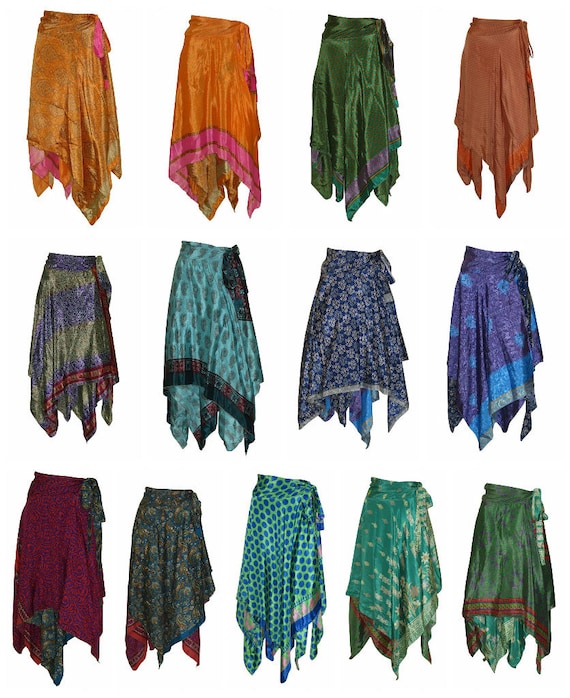 Upcycled Wrap- around Skirt Reversible Vintage Patchwork handkerchief Hem Boho Midi Free Size up to size 18 P64-P72