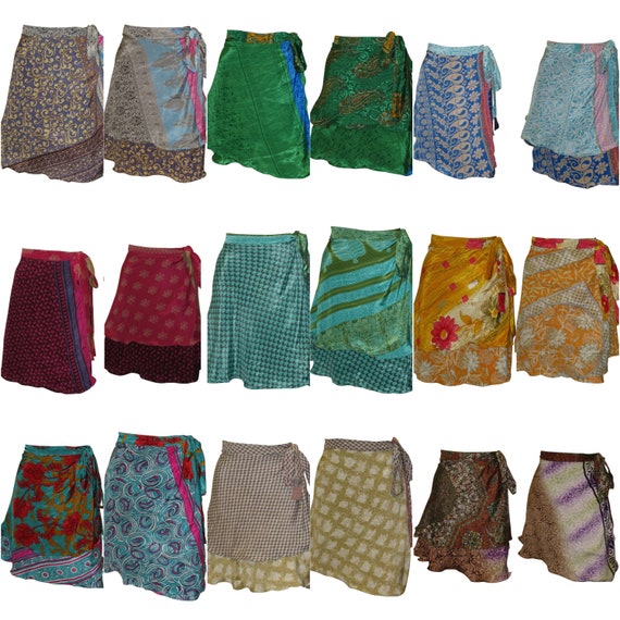 Upcycled Retro Reversible Skirt Boho Vintage Sari Layered Knot Miniskirt Free Size Up To 18 P77-85