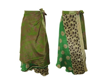 Upcycled Retro Reversible Skirt Vintage Sari A-line Layered Knot Boho Midi Free Size Up To 20 P195