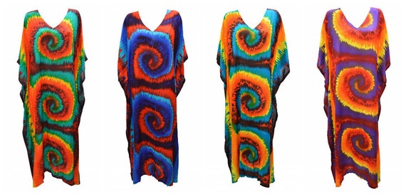 Womens Plus Size Kaftan Handmade Boho Tie-dye Swirl Maxi Batwing Loungewear Free Size Up To 28
