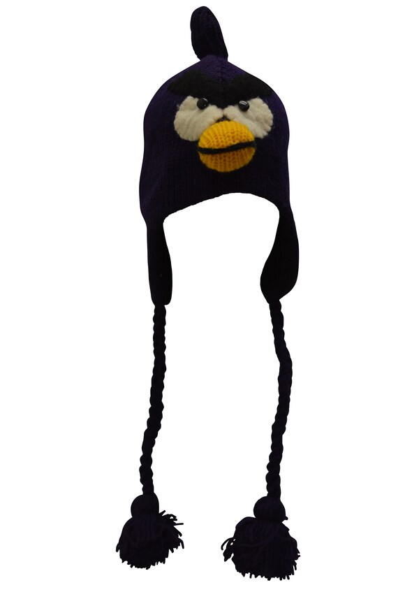 Handmade knit 100% wool unisex adults winter Nepal bird Character hat fleece lining one size 02B1