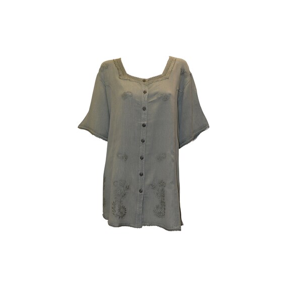 Plus size short sleeve embroidered paisley front buttoned top freesize up to 22 olive green