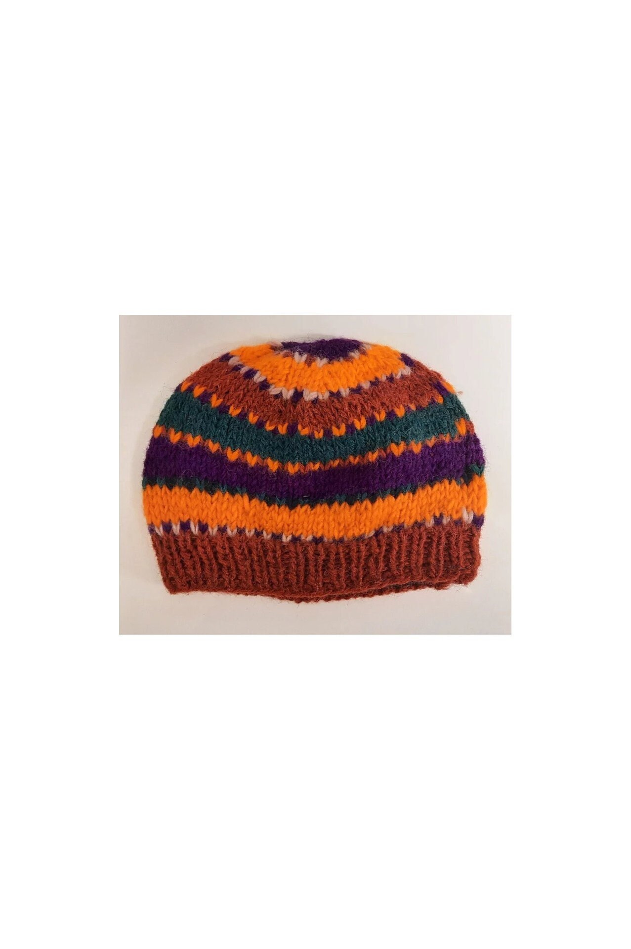 Recycled Hand knit Beanies 100% wool unisex adults hat stripey warm fleece lined boho  winter cap P72