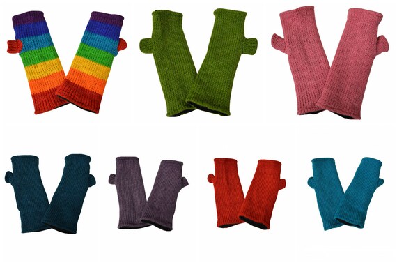 Handmade Knit Hand warmers 100% Wool Winter Fingerless Plain Fleece Lined Gloves One Size