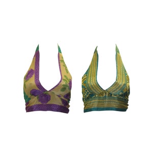 Recycled Reversible Retro Crop Top Boho Festival Halterneck Bralette One Size P81