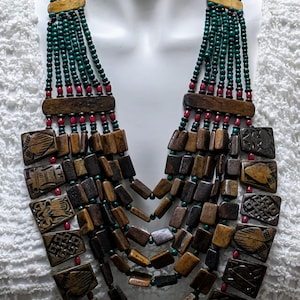 Recycled Multi-sized Wood Beaded Tiered Long Chunky Tribal Statement Necklace  Green