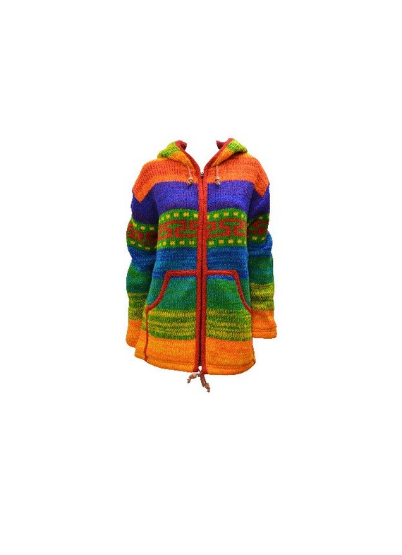 Handmade 100% Wool Cardigan Chunky Knit Unisex Boho Jacket Fleece Lining warm Hoodie Rainbow S/M L/XL