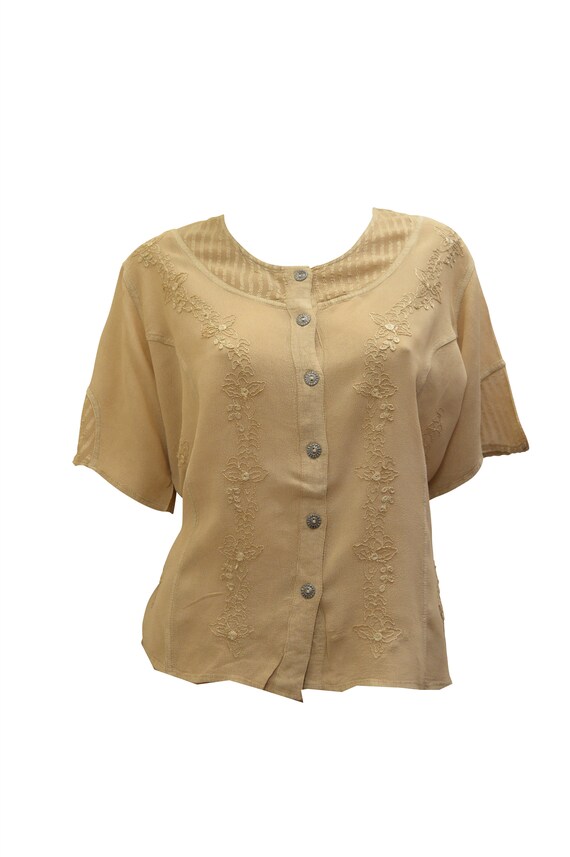 Boho hippie vintage style button up floral embroidered round neck short sleeve top tan S - L