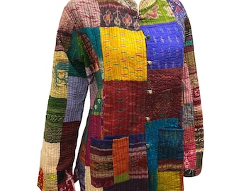Kurtka pikowana z recyklingowanej bawełny, w stylu retro, dwustronna, w stylu vintage, patchworkowa, boho, P33