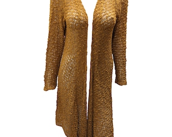 Handmade Boho Crochet Knit Cardigan: Gold Longline Jacket (UK 8-20)