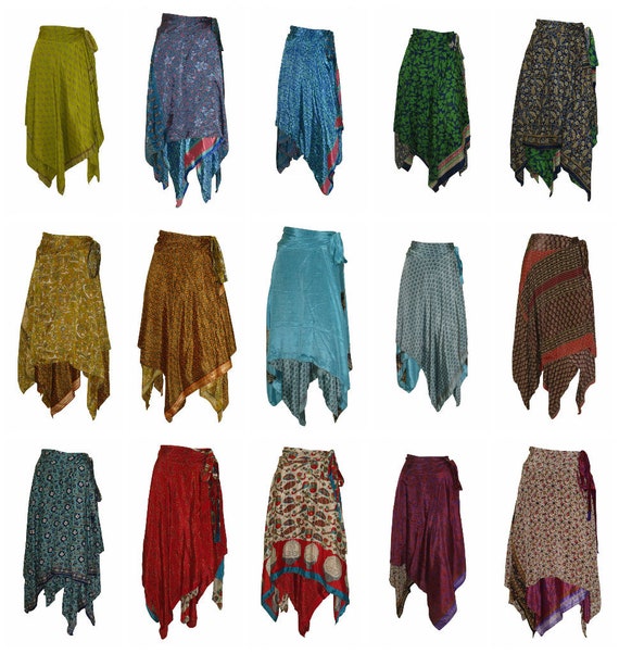 Upcycled Wrap- around Skirt Reversible Vintage Patchwork handkerchief Hem Boho Midi Free Size up to size 18 P19-P27