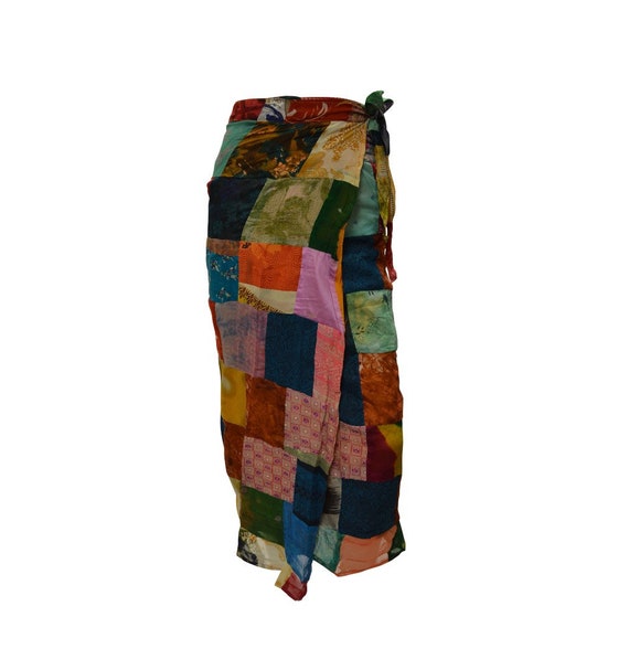 Boho hippie vintage style up-cycled reversible abstract patchwork maxi wrap skirt free size up to size 18 p272