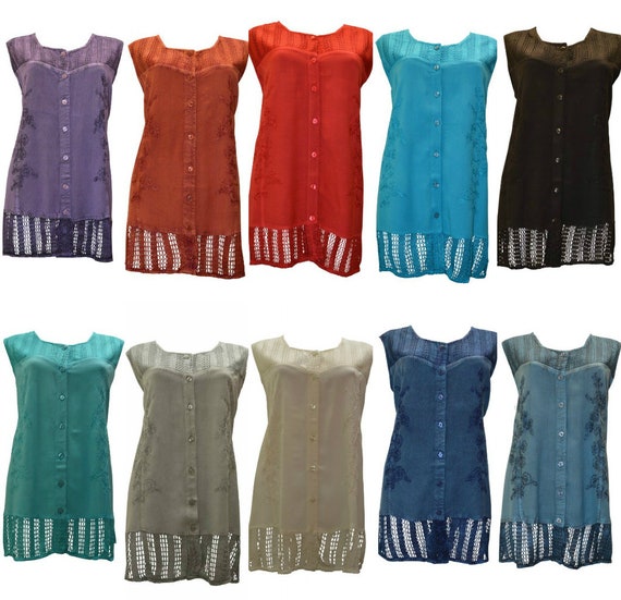 Plus Size round neck embroidered crochet sleeveless front buttoned tunic top