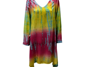 Rayon Tie Dye Tunic Dress: Embroidered Boho Handkerchief Hem
