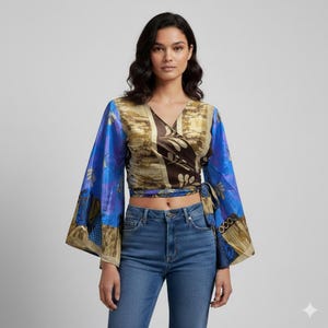 Puede incluir: Un top envolvente con mangas largas. El top presenta un cuello en V y un cierre de lazo en la cintura. Las mangas son azules con un estampado floral, mientras que el cuerpo es una mezcla de marrón, dorado y azul.