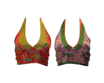 Recyclé réversible rétro Crop Top Boho Festival dos nu Bralette taille unique P61