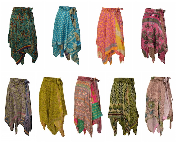 Upcycled Wrap- around Skirt Reversible Vintage Patchwork handkerchief Hem Boho Midi Free Size up to size 18 P316- P324