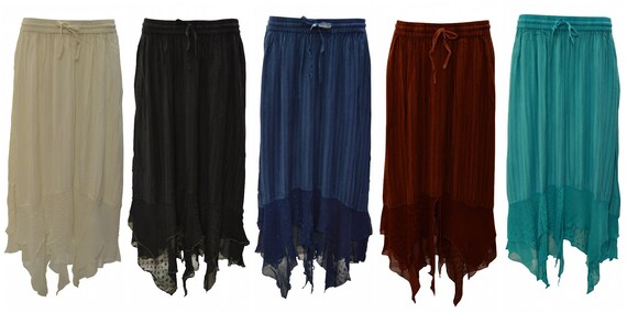 Womens Ladies Boho Stripe Embroidered Gypsy Sheer Layered Hem Maxi Skirt Free Size Up To 22