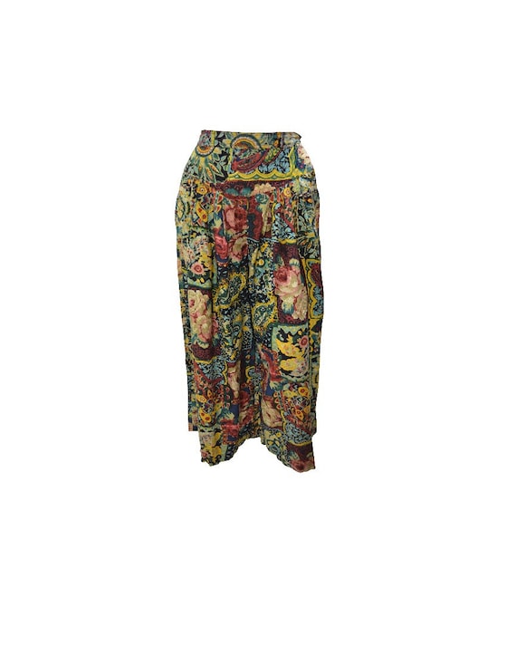 Upcycled Vintage Floral Pants Wide Leg Boho Side Button Crop trousers Green multi Free Size up to size 14