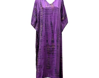 Plus Size Rayon Kaftan: Handmade Purple Tie-Dye Boho Loungewear Dress