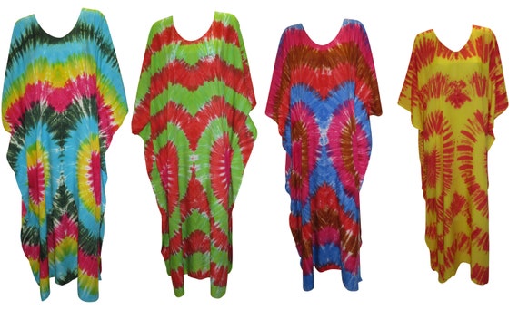 Womens Plus Size Kaftan Boho Hippie Heart Tie-Dye Batwing Sleeves Loungewear Free Size Up To 28